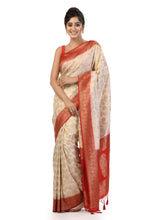 Kavvya White Soft & Lightweight Weaving Raw Silk Saree Body Golden Zari Floral Jaal Design - KAVVYA